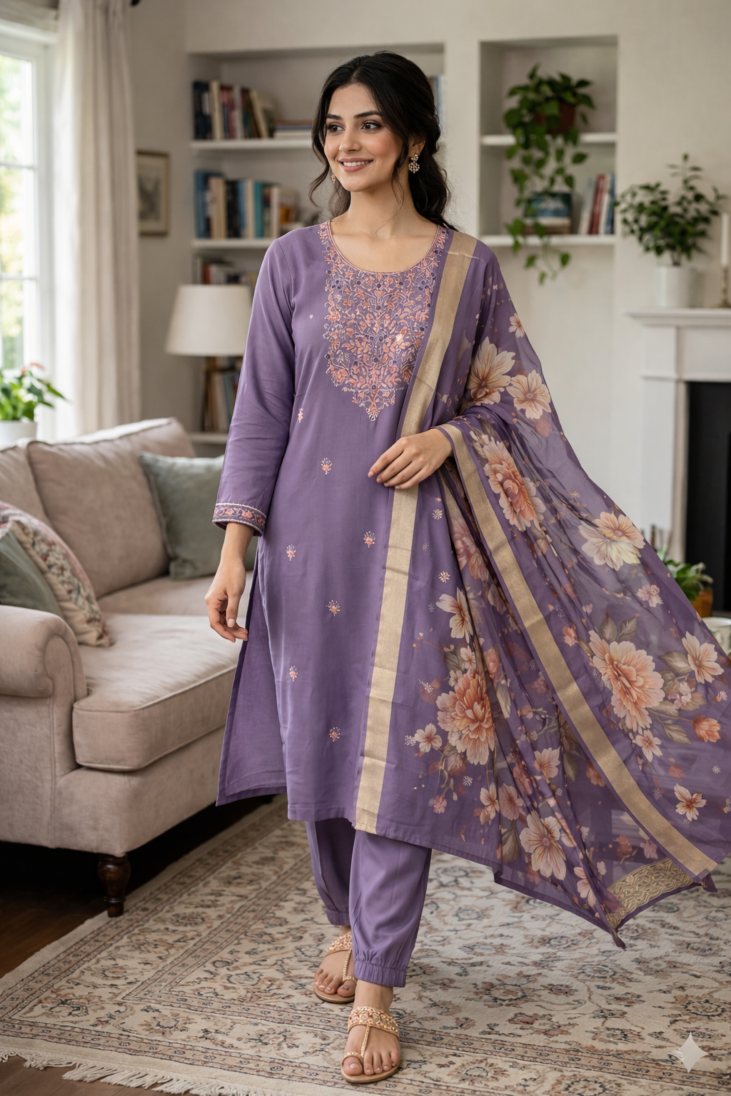 Elegant Lavender Roman Silk Embroidered Salwar Suit with Floral Dupatta