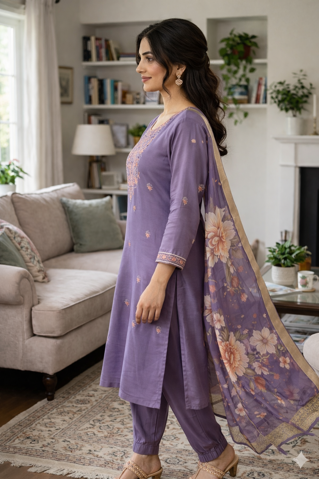 Elegant Lavender Roman Silk Embroidered Salwar Suit with Floral Dupatta