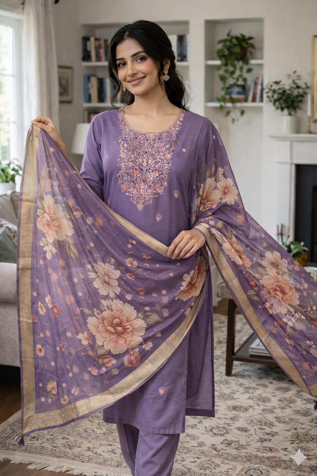 Elegant Lavender Roman Silk Embroidered Salwar Suit with Floral Dupatta