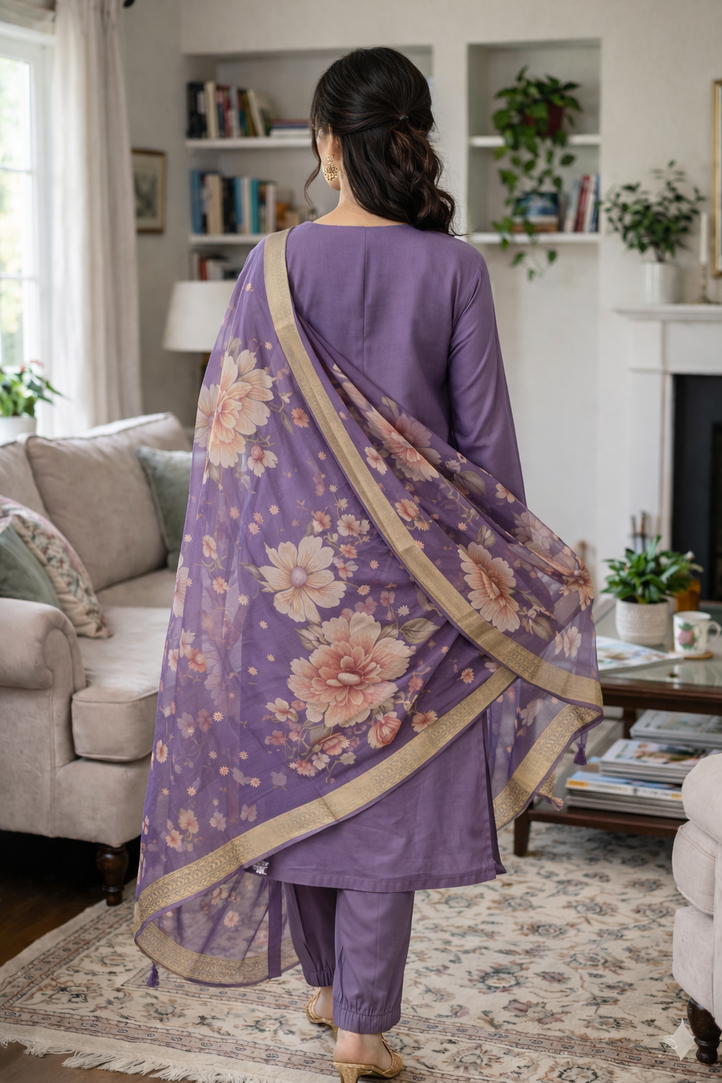 Elegant Lavender Roman Silk Embroidered Salwar Suit with Floral Dupatta
