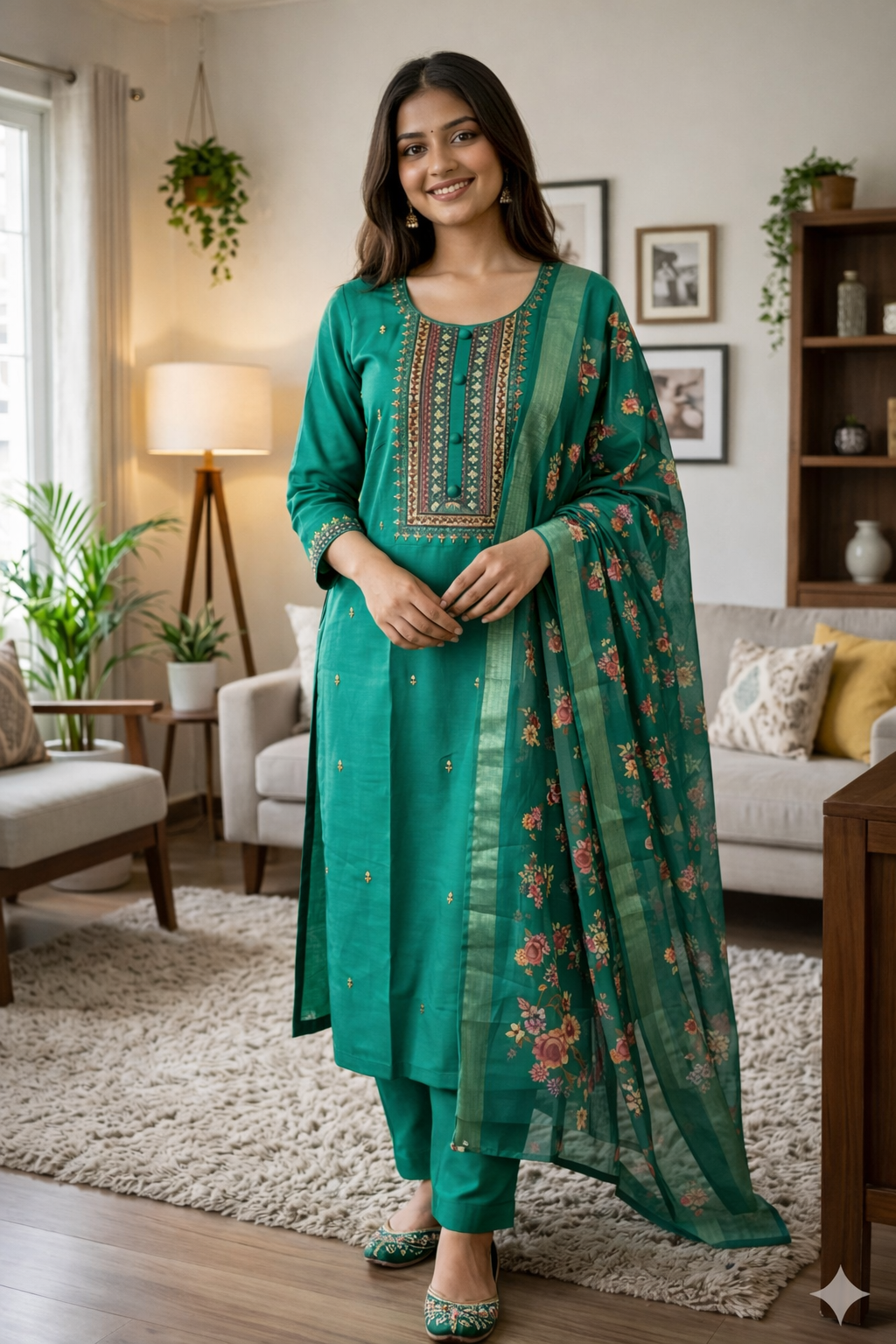 Elegant Green Roman Silk Embroidered Salwar Suit with Floral Dupatta