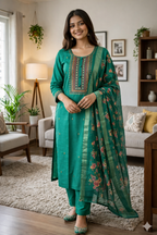 Elegant Green Roman Silk Embroidered Salwar Suit with Floral Dupatta