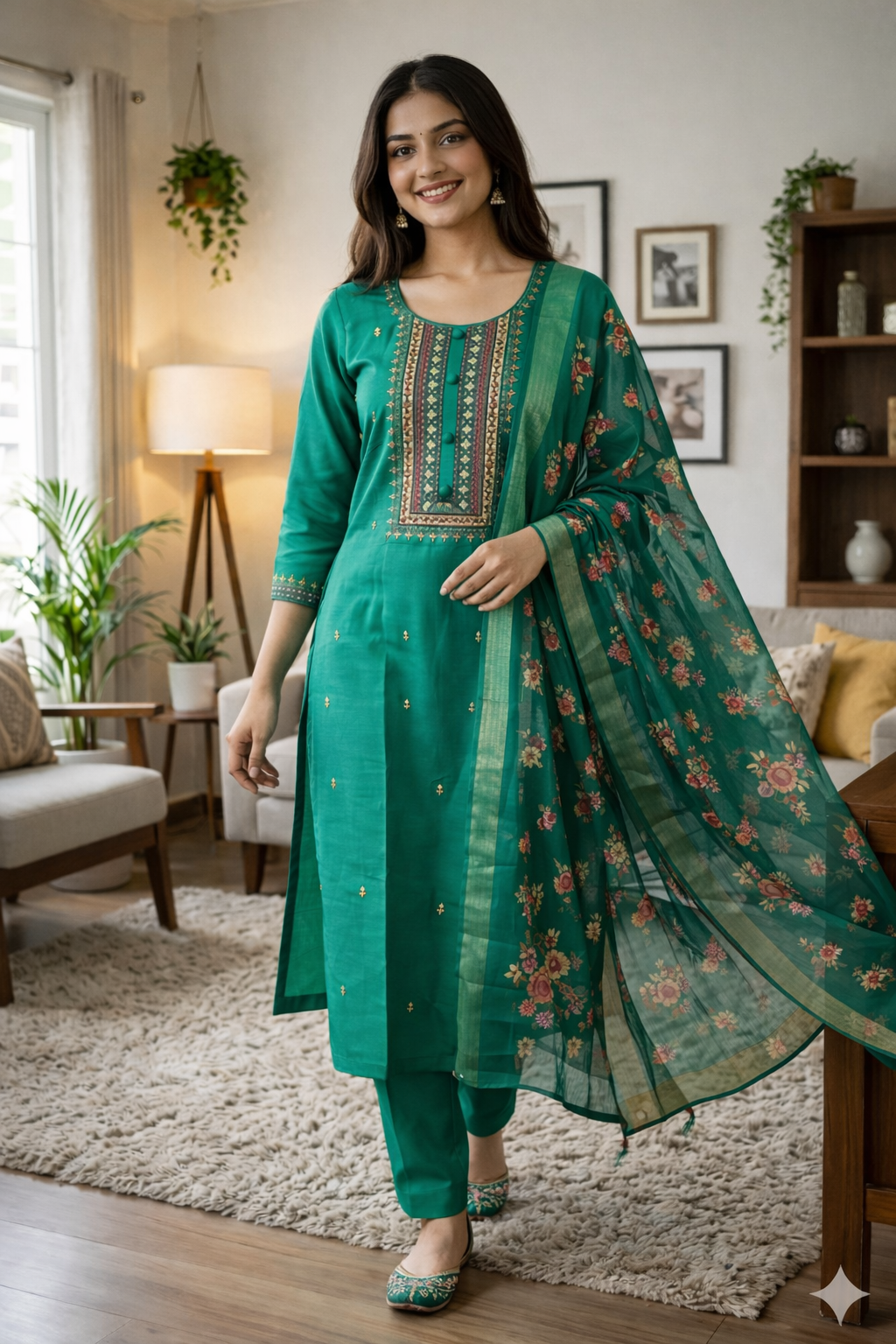 Elegant Green Roman Silk Embroidered Salwar Suit with Floral Dupatta