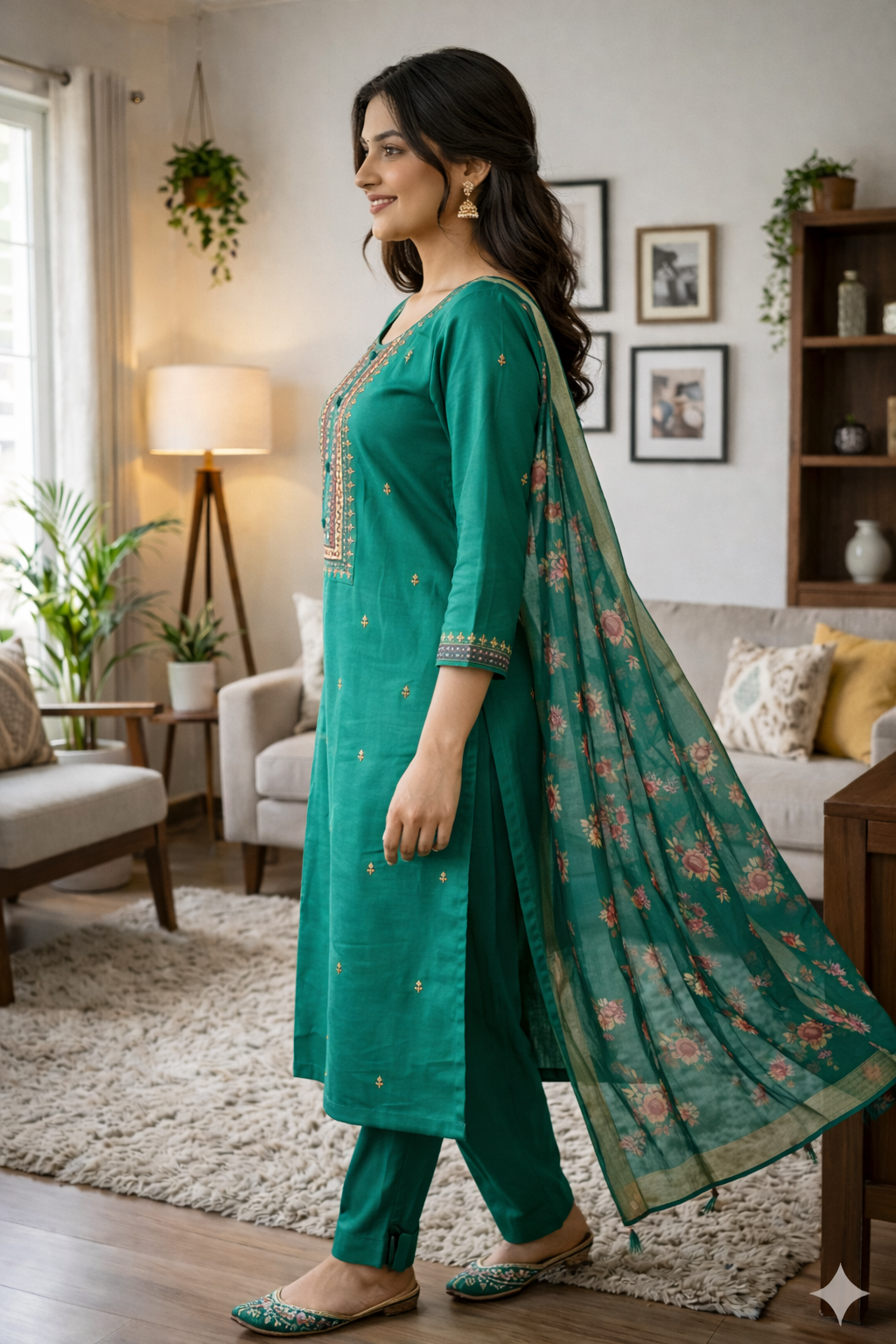Elegant Green Roman Silk Embroidered Salwar Suit with Floral Dupatta