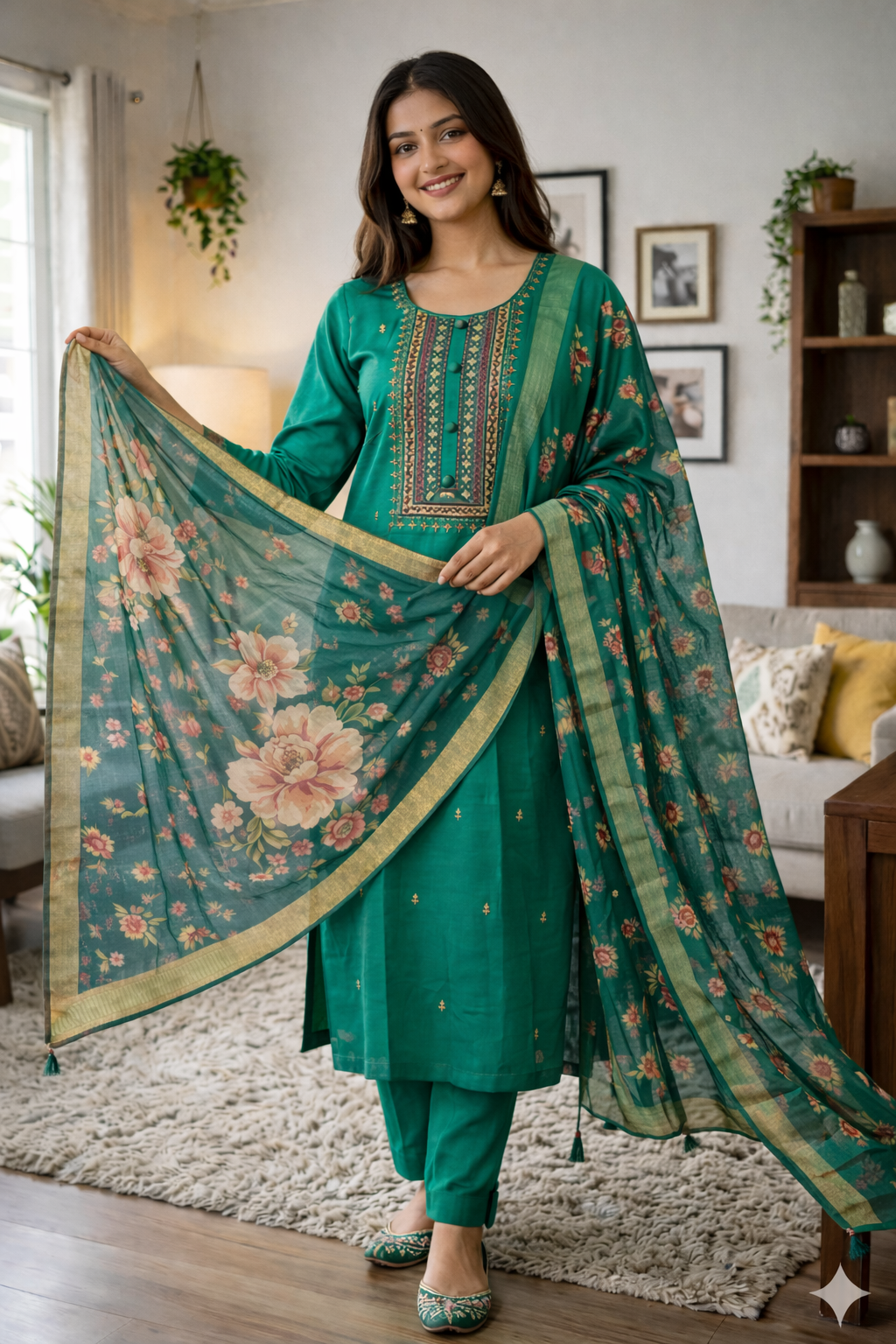 Elegant Green Roman Silk Embroidered Salwar Suit with Floral Dupatta