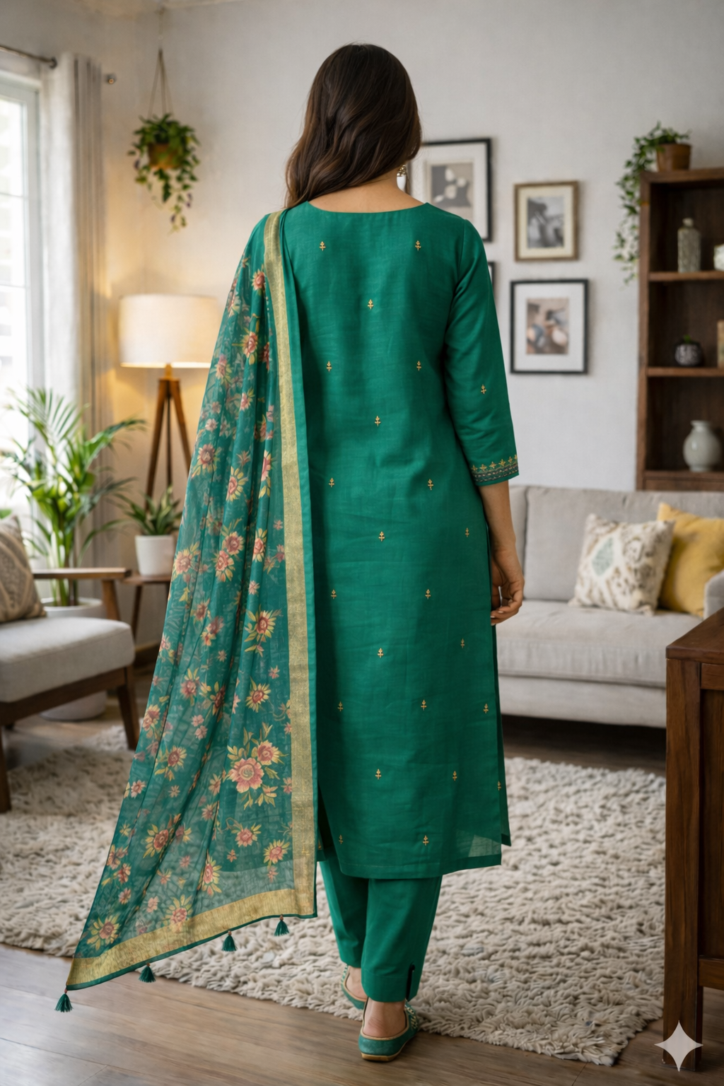 Elegant Green Roman Silk Embroidered Salwar Suit with Floral Dupatta