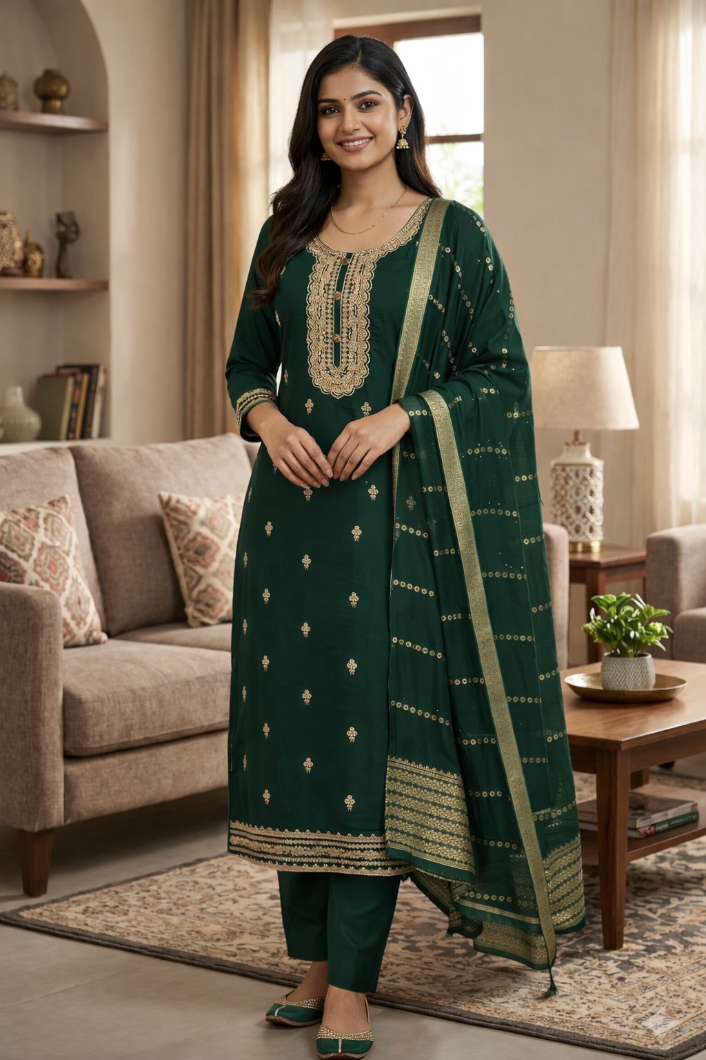 Elegant Dark Green Roman Silk Embroidered Salwar Suit with Dupatta