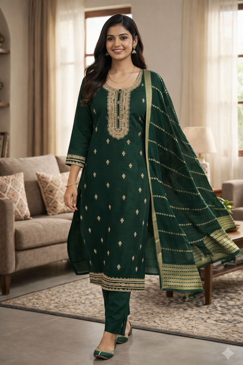Elegant Dark Green Roman Silk Embroidered Salwar Suit with Dupatta
