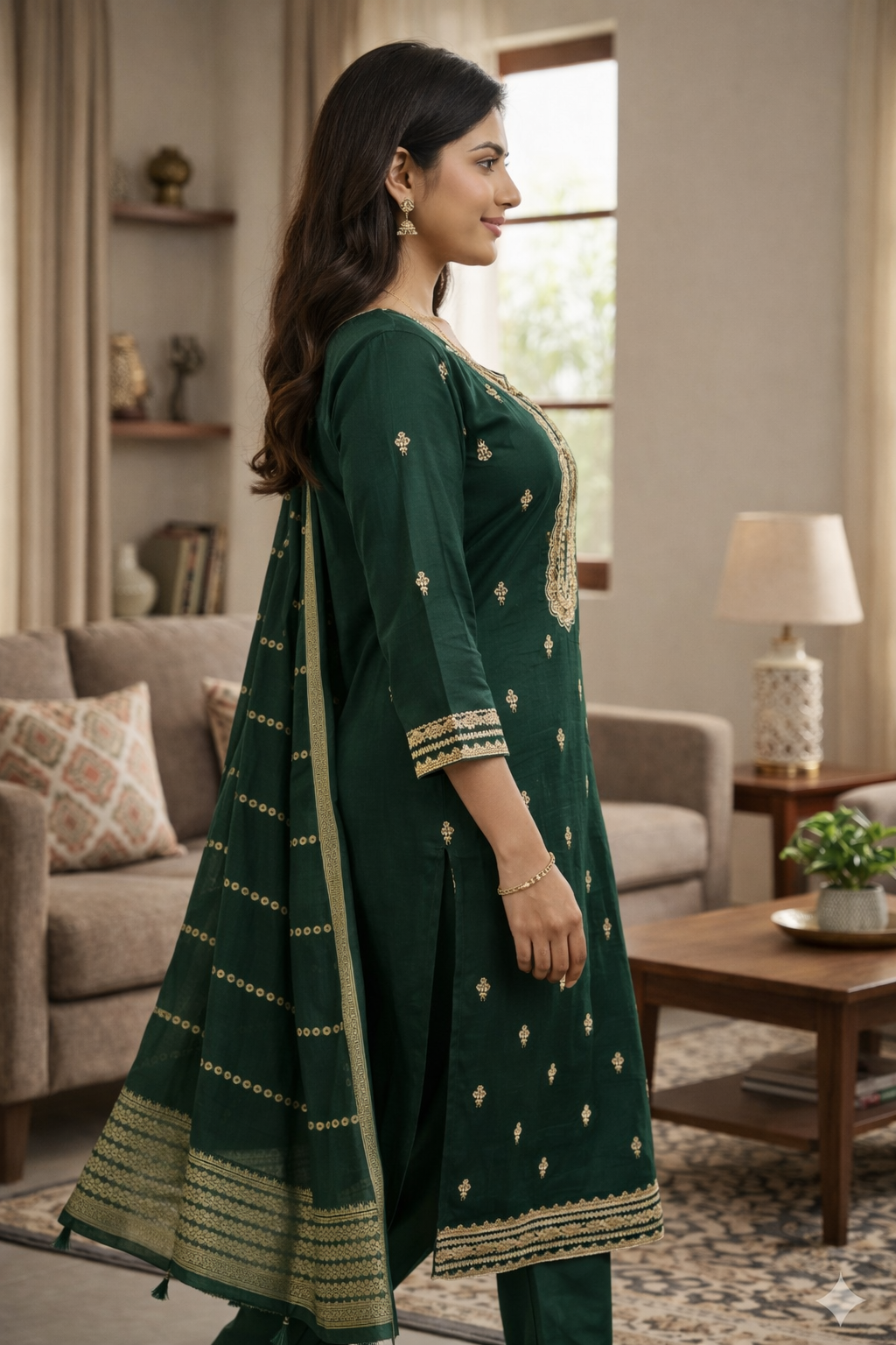 Elegant Dark Green Roman Silk Embroidered Salwar Suit with Dupatta