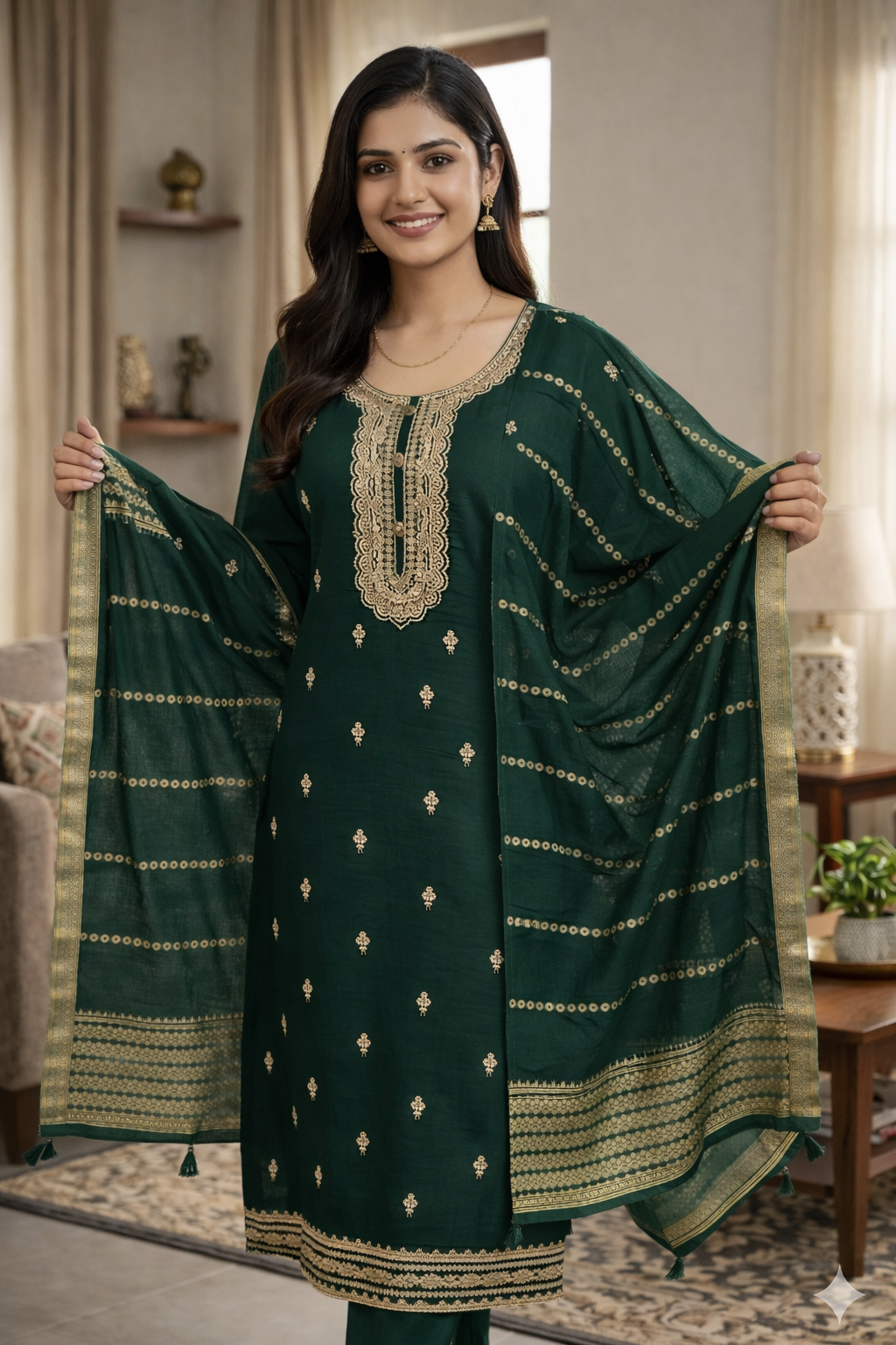 Elegant Dark Green Roman Silk Embroidered Salwar Suit with Dupatta