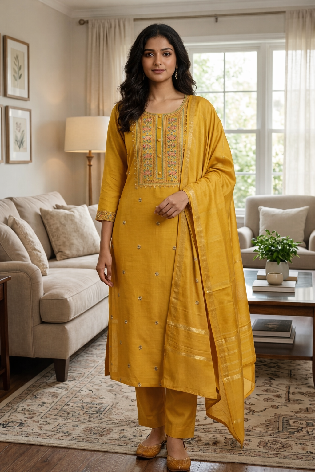 Elegant Yellow Roman Silk Embroidered Salwar Suit with Dupatta