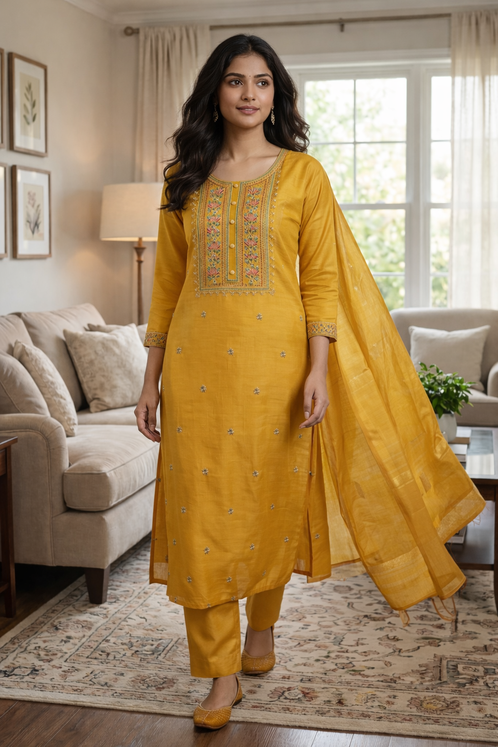 Elegant Yellow Roman Silk Embroidered Salwar Suit with Dupatta