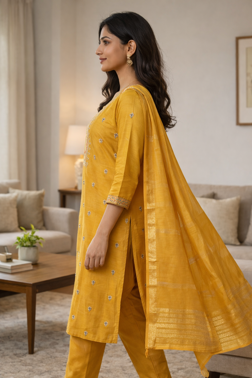Elegant Yellow Roman Silk Embroidered Salwar Suit with Dupatta