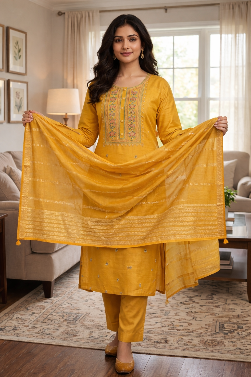 Elegant Yellow Roman Silk Embroidered Salwar Suit with Dupatta