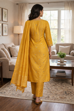 Elegant Yellow Roman Silk Embroidered Salwar Suit with Dupatta