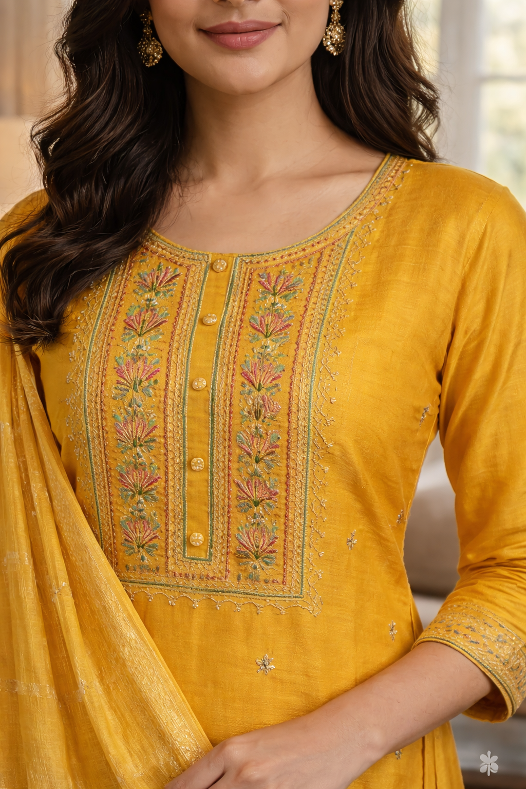 Elegant Yellow Roman Silk Embroidered Salwar Suit with Dupatta
