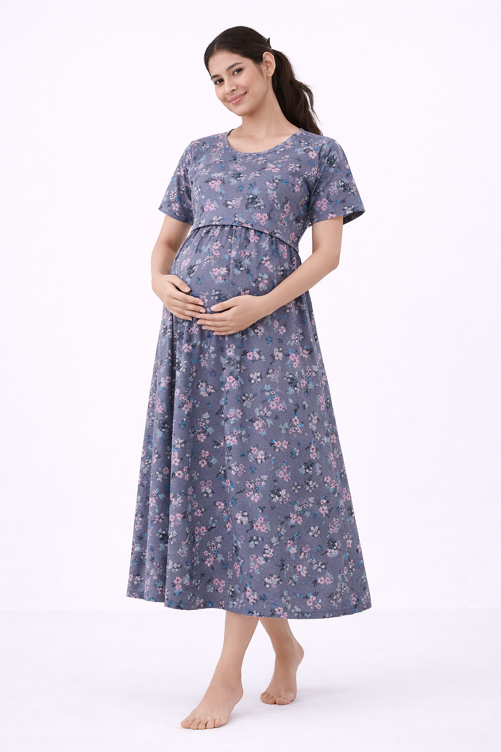 Ash Grey Floral Cotton Blend Maternity Dress