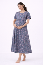 Ash Grey Floral Cotton Blend Maternity Dress