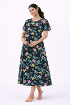 Black Tropical Floral Cotton Blend Maternity Dress
