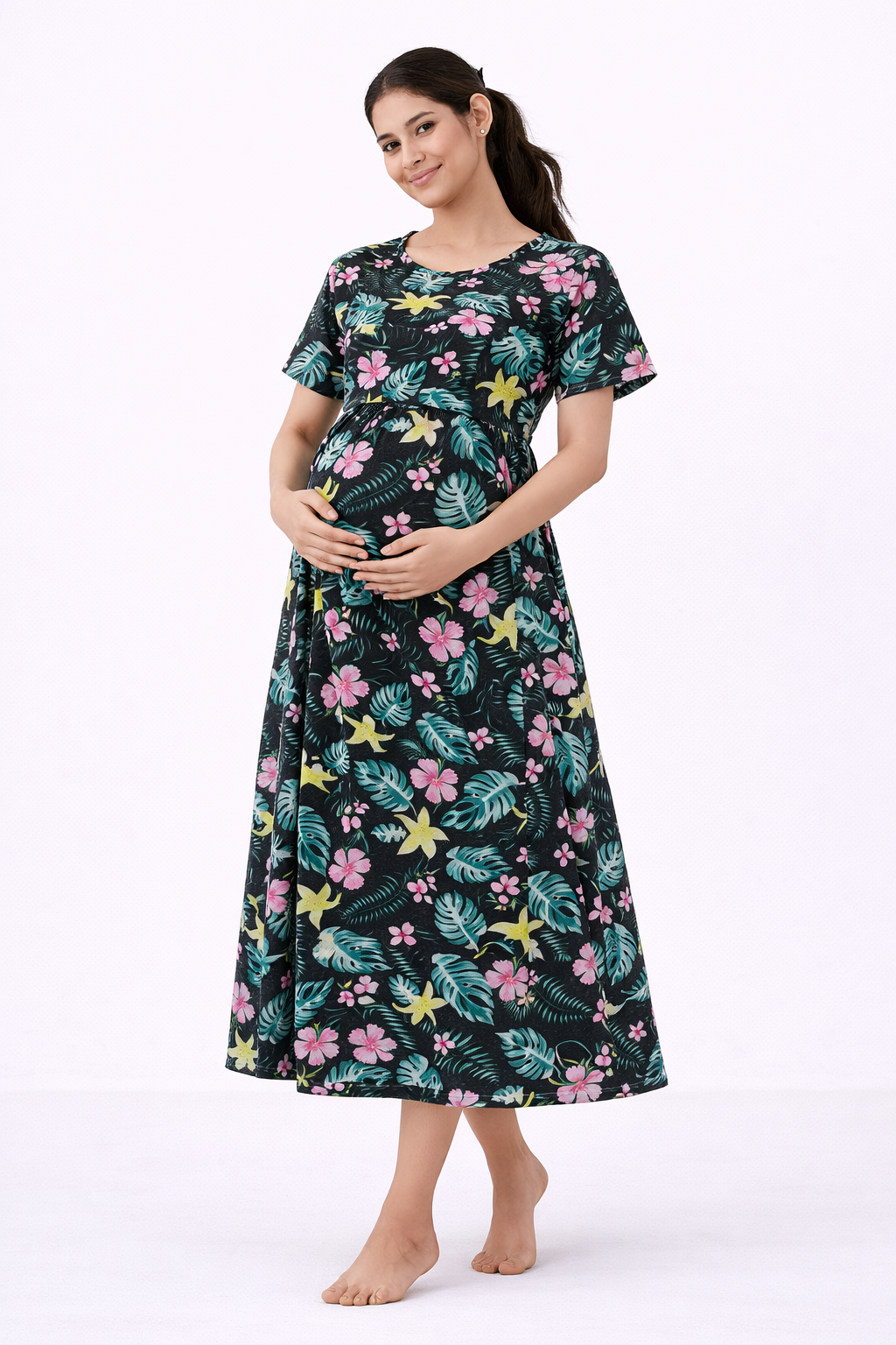 Black Tropical Floral Cotton Blend Maternity Dress