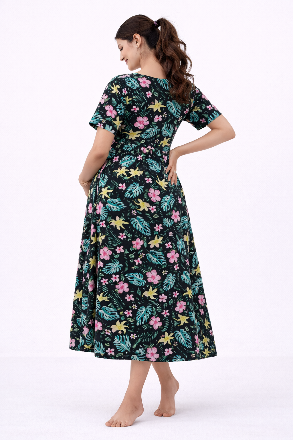 Black Tropical Floral Cotton Blend Maternity Dress