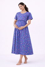 Blue Floral Cotton Blend Maternity Dress