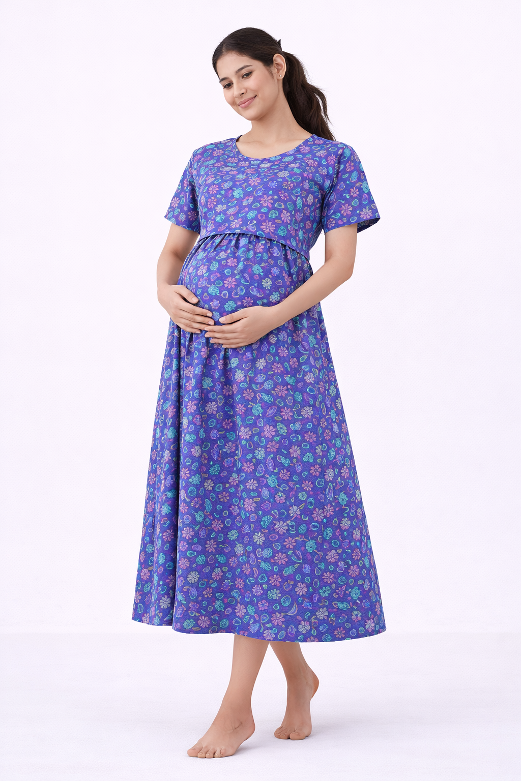 Blue Floral Cotton Blend Maternity Dress