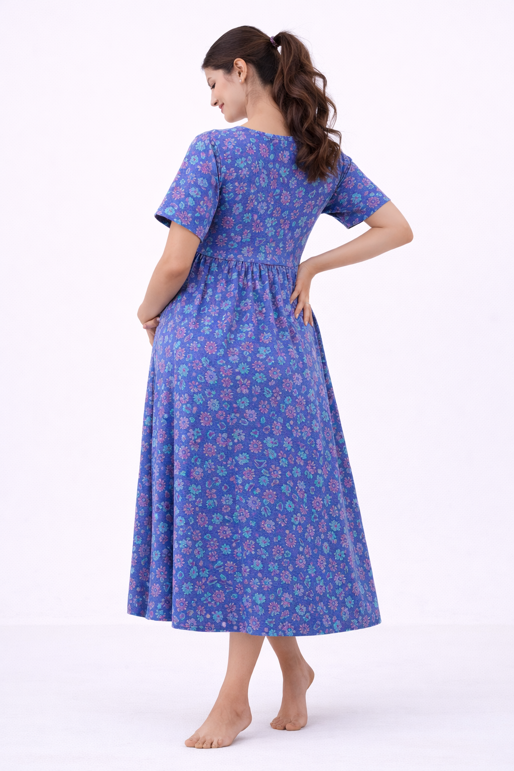Blue Floral Cotton Blend Maternity Dress