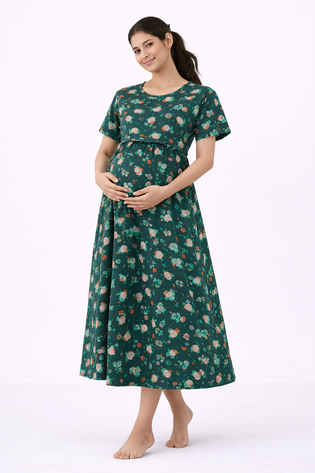 Green Floral Cotton Blend Maternity Dress