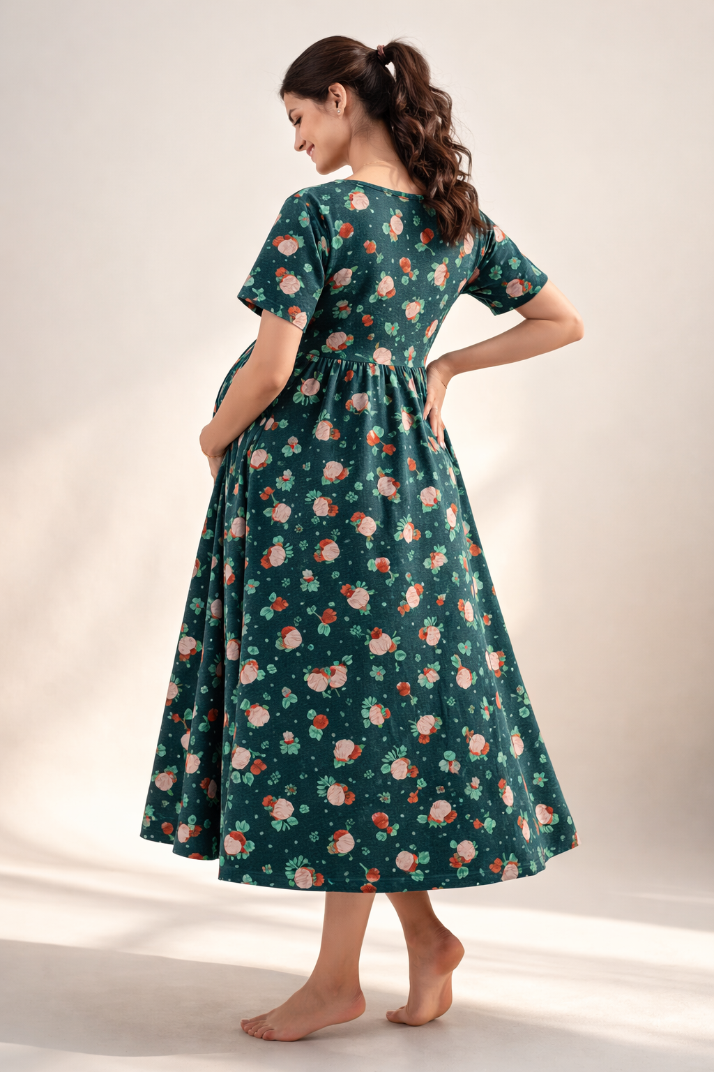 Green Floral Cotton Blend Maternity Dress