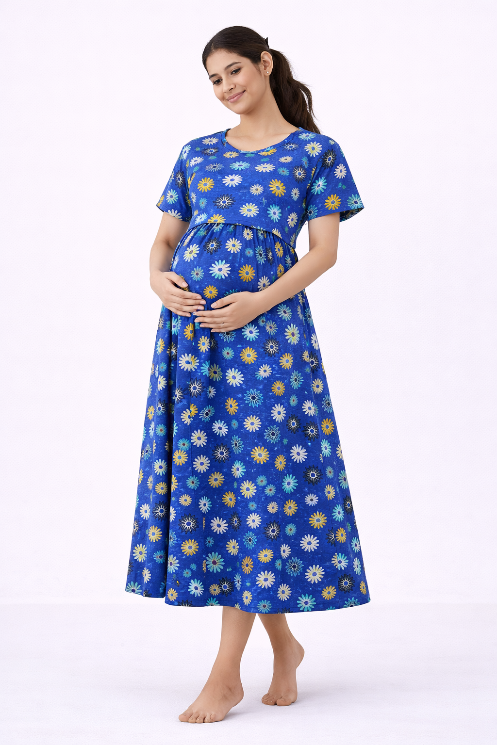 Blue Daisy Floral Cotton Blend Maternity Dress