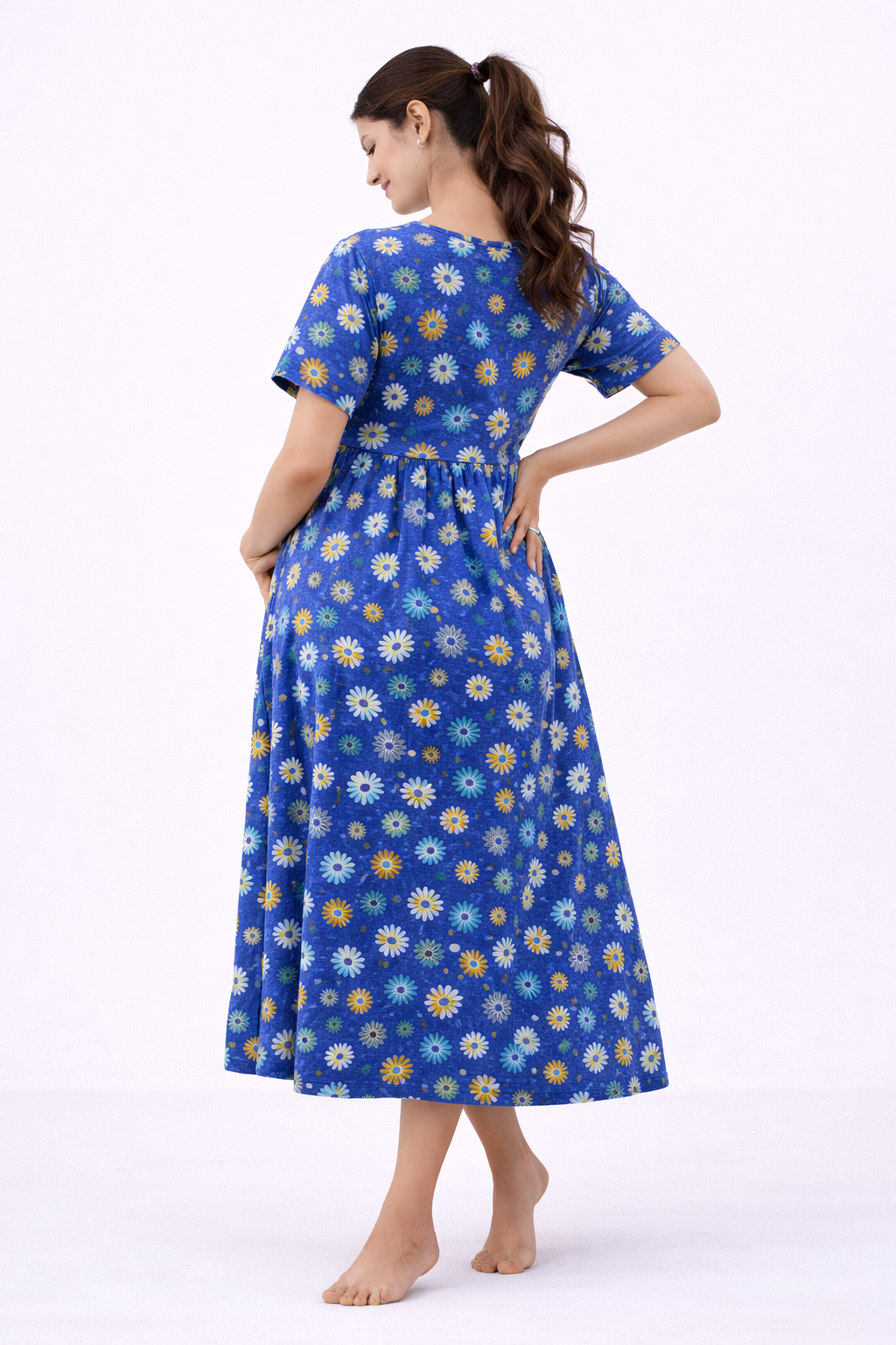 Blue Daisy Floral Cotton Blend Maternity Dress