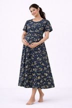 Navy Blue Floral Cotton Blend Maternity Dress