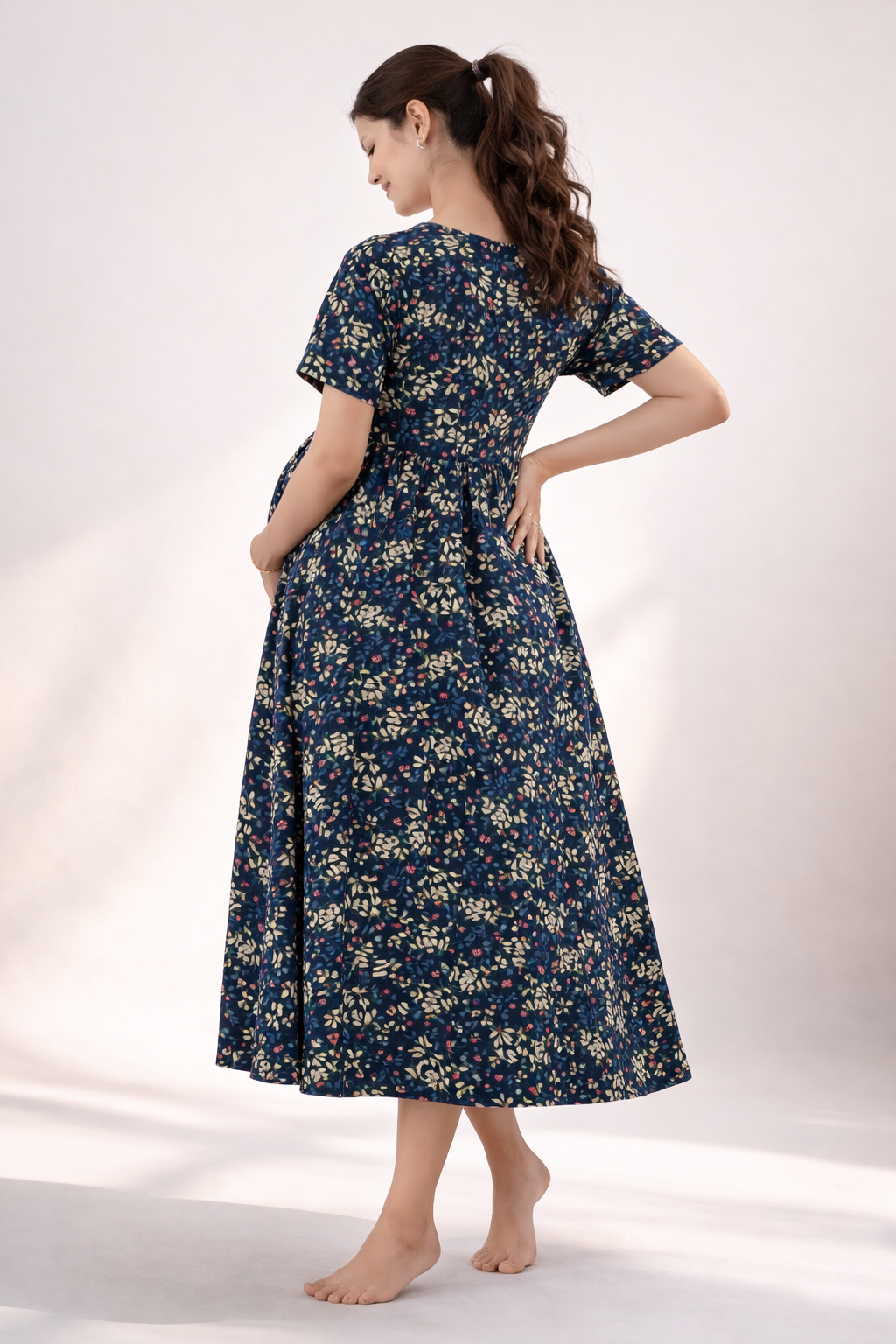 Navy Blue Floral Cotton Blend Maternity Dress