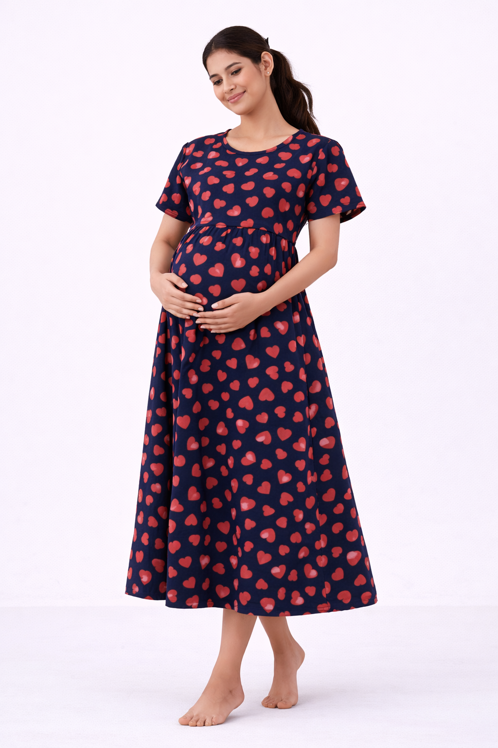 Navy Blue Red Heart Print Cotton Blend Maternity Dress