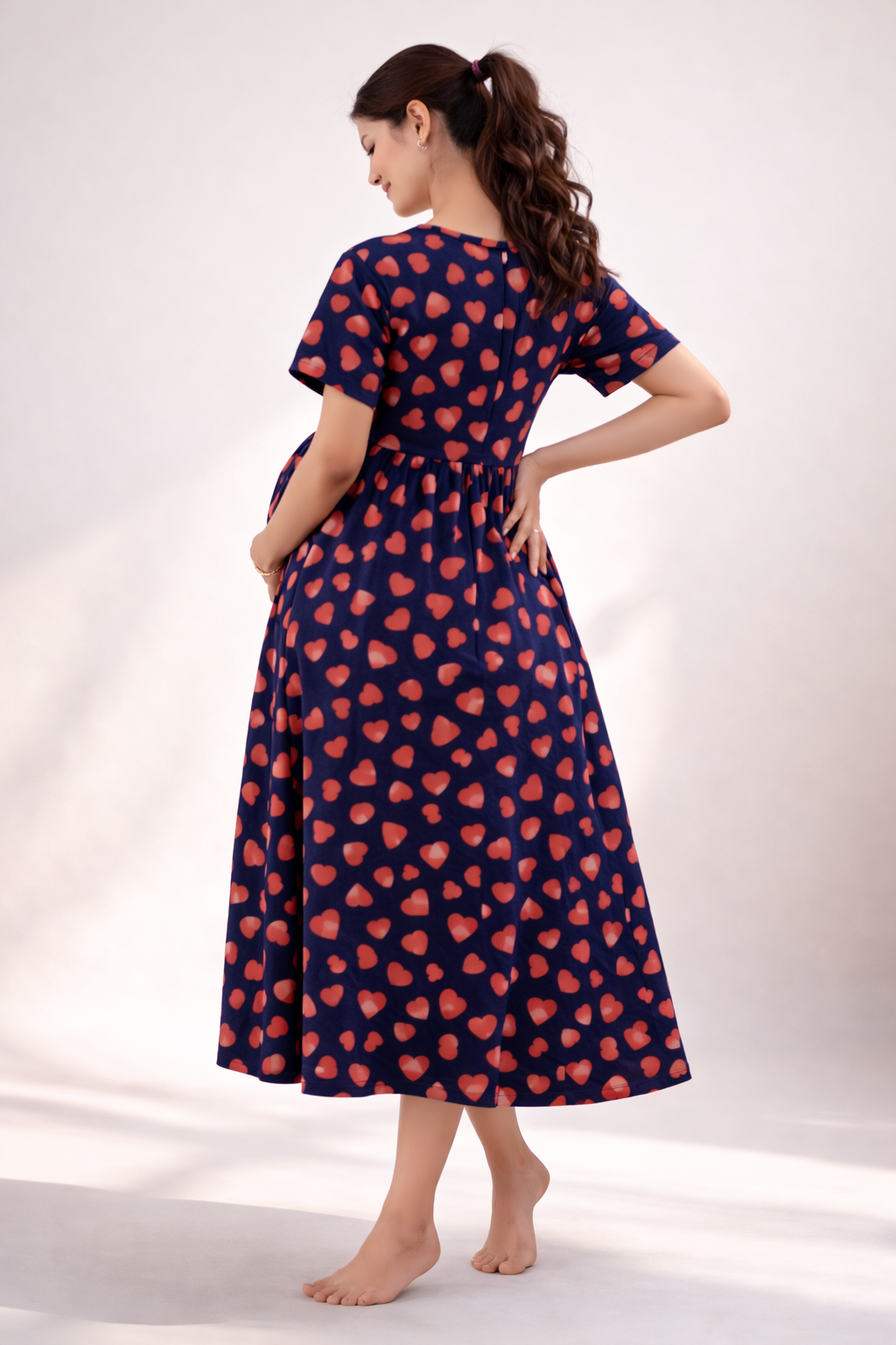 Navy Blue Red Heart Print Cotton Blend Maternity Dress