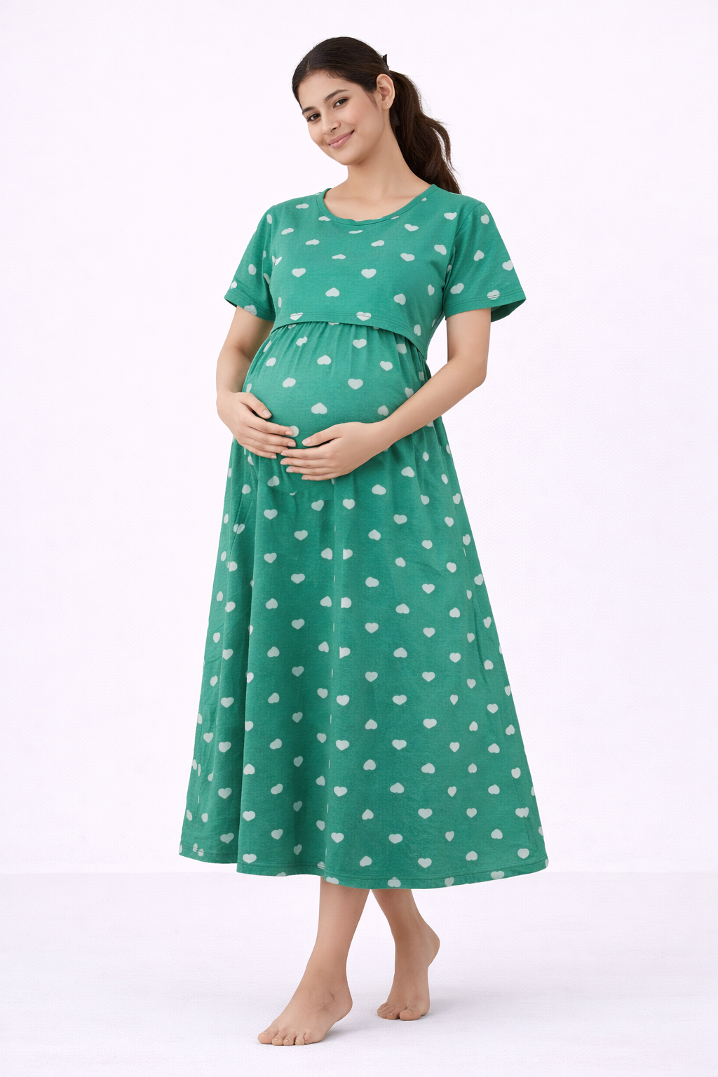 Green Heart Print Cotton Blend Maternity Feeding Dress with Umbrella Fit