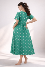 Green Heart Print Cotton Blend Maternity Feeding Dress with Umbrella Fit