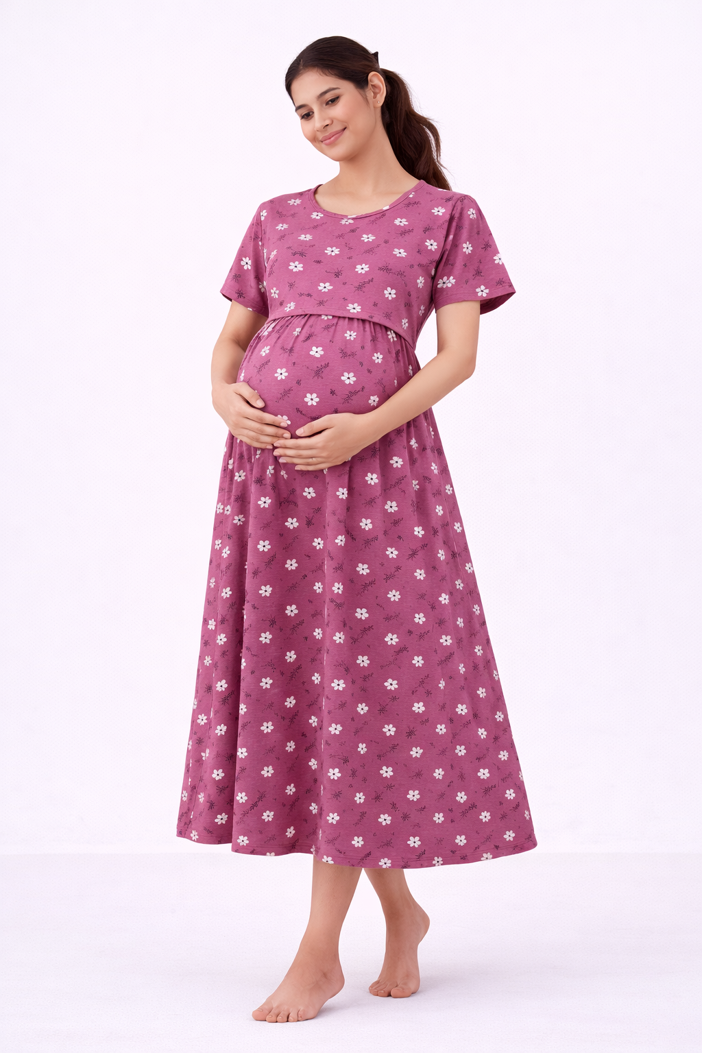 Pink Floral Cotton Blend Maternity Feeding Dress with Umbrella Fit