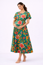 Green Big Floral Cotton Blend Maternity Feeding Dress with Umbrella Fit