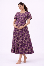 Purple Floral Cotton Blend Maternity Feeding Dress with Umbrella Fit