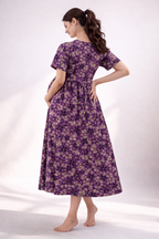 Purple Floral Cotton Blend Maternity Feeding Dress with Umbrella Fit
