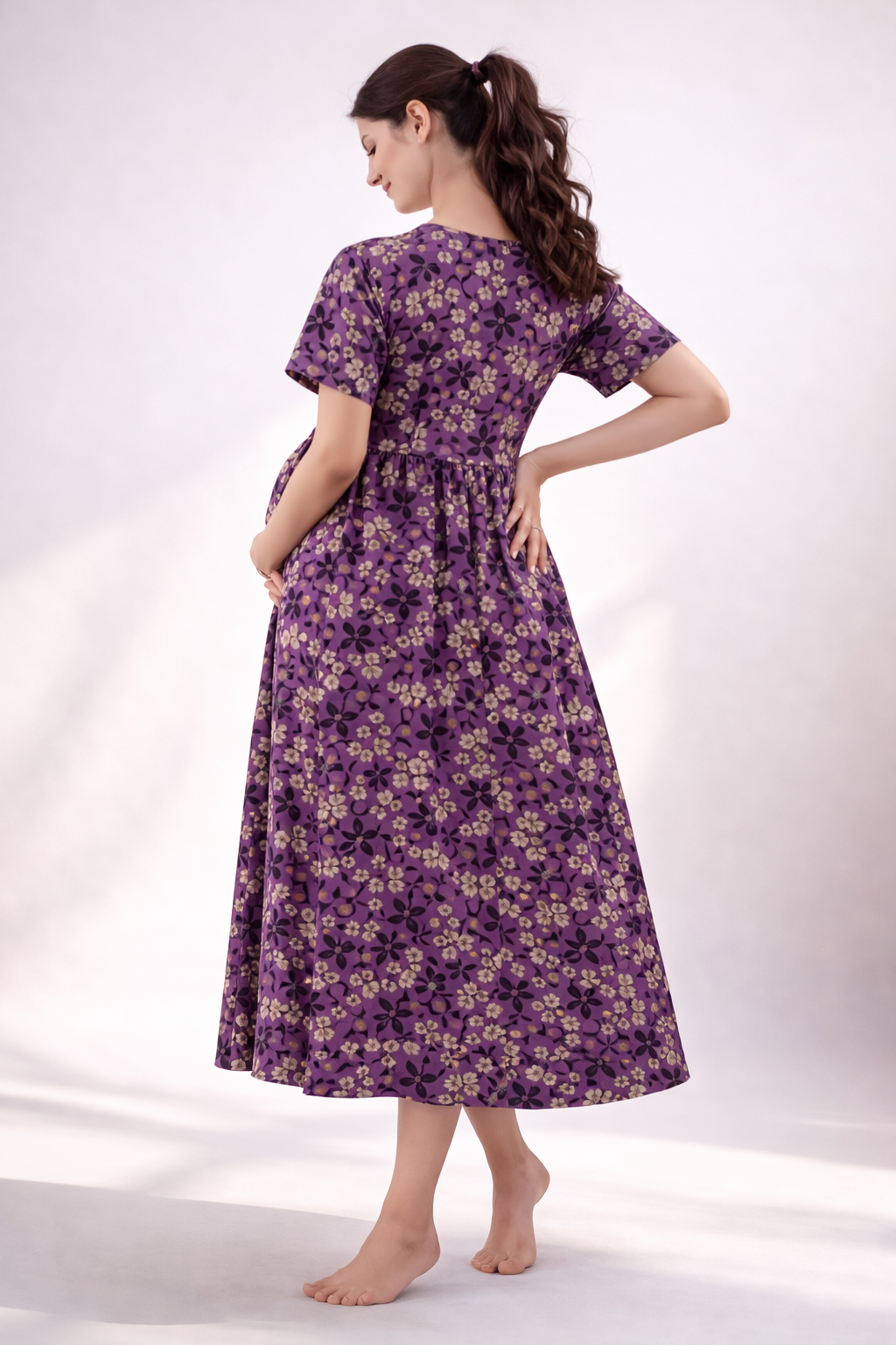 Purple Floral Cotton Blend Maternity Feeding Dress with Umbrella Fit