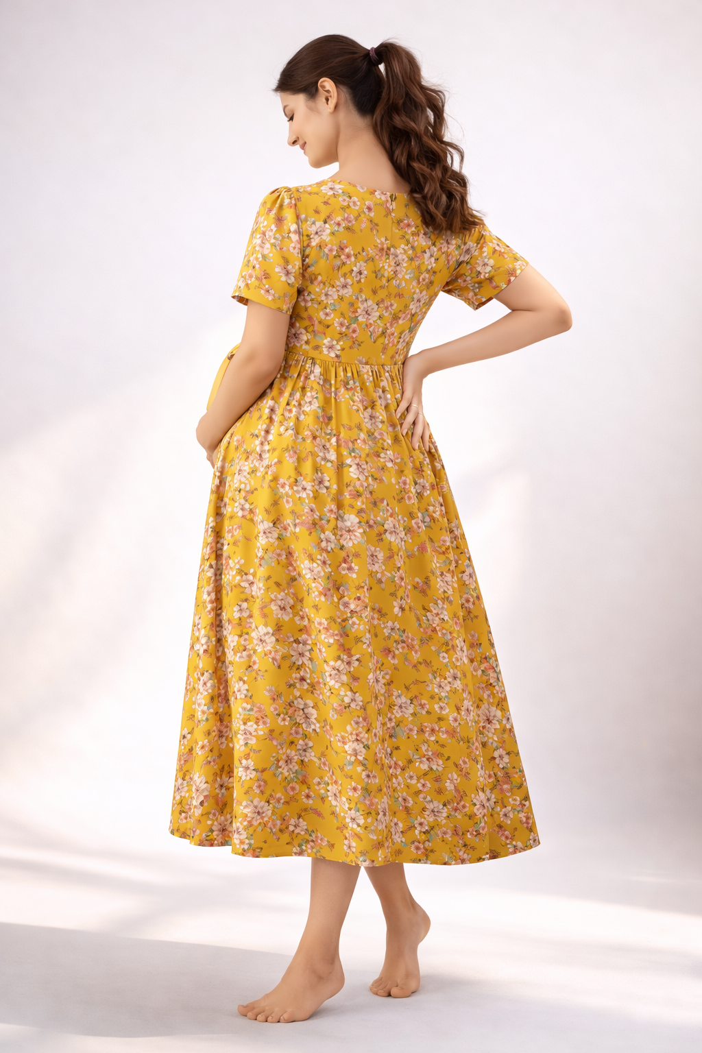 Yellow Floral Maternity Feeding Dress with Invisible Zip Cotton Umbrella Fit Vembas Shoppie Yellow Floral Maternity Feeding Dress with Invisible Zip Cotton Umbrella Fit Vembas Shoppie
