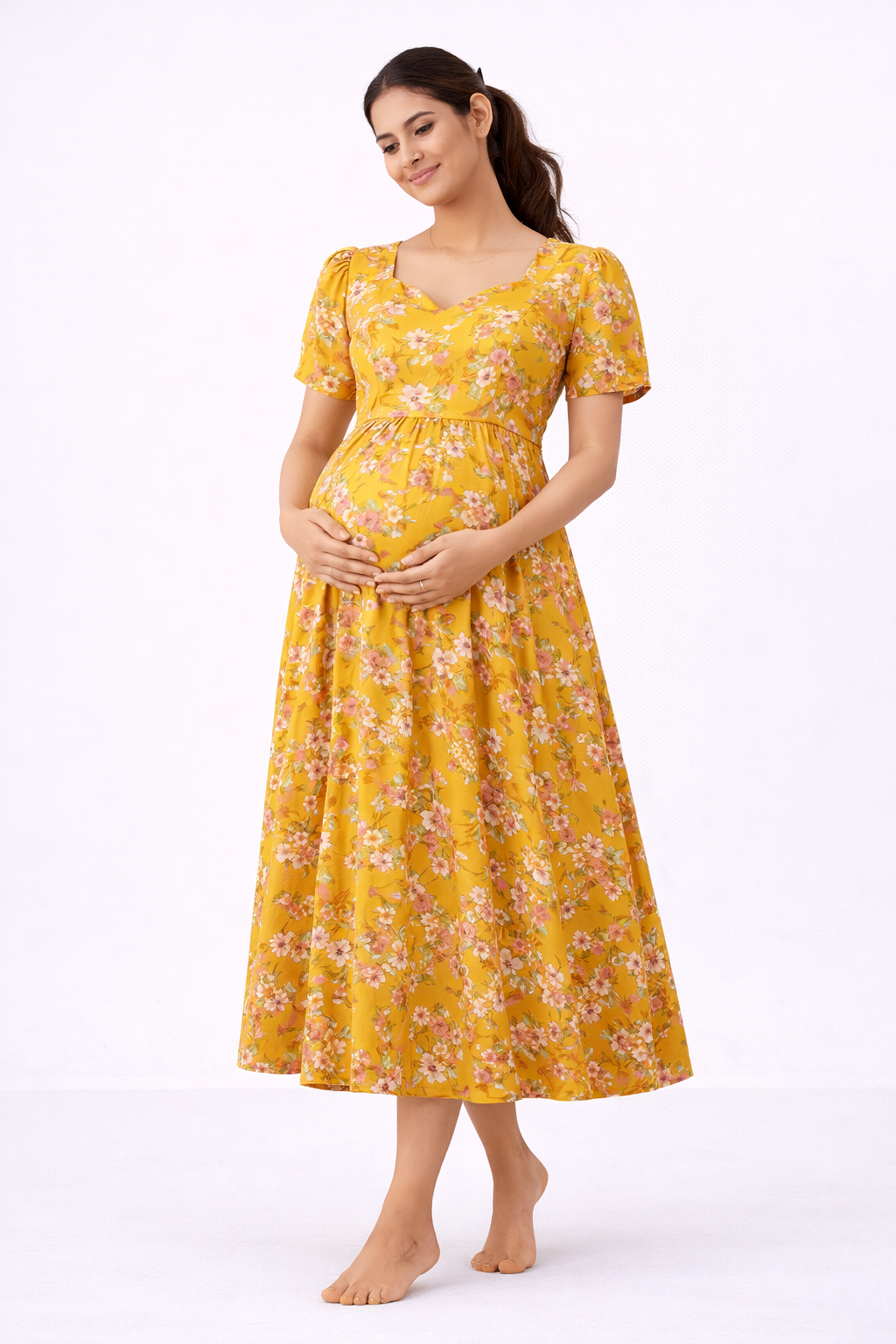 Yellow Floral Maternity Feeding Dress with Double Side Invisible Zip – Umbrella Fit