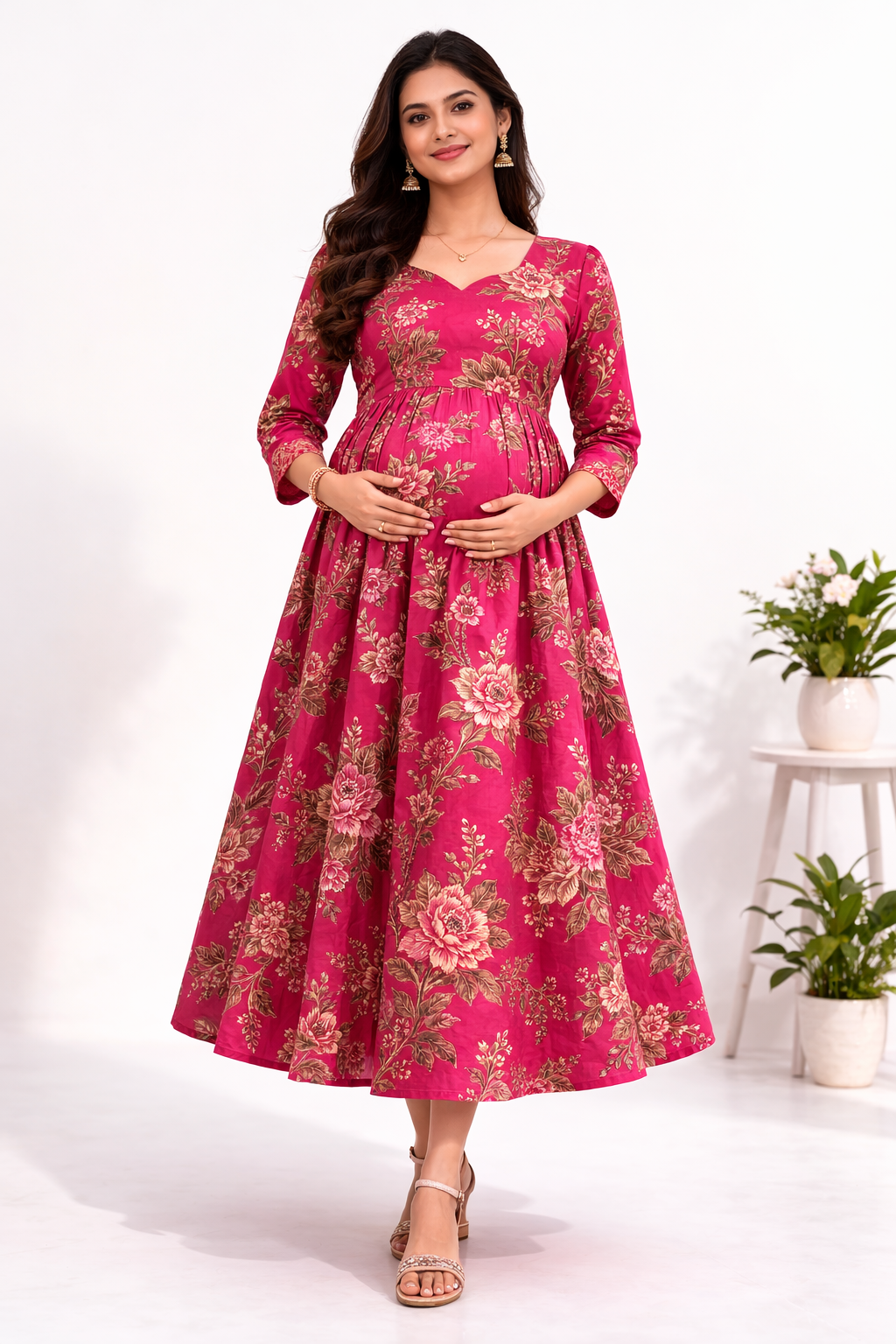 Pink Floral Cambric Cotton Maternity Feeding Dress with Concealed Zip – Umbrella Fit