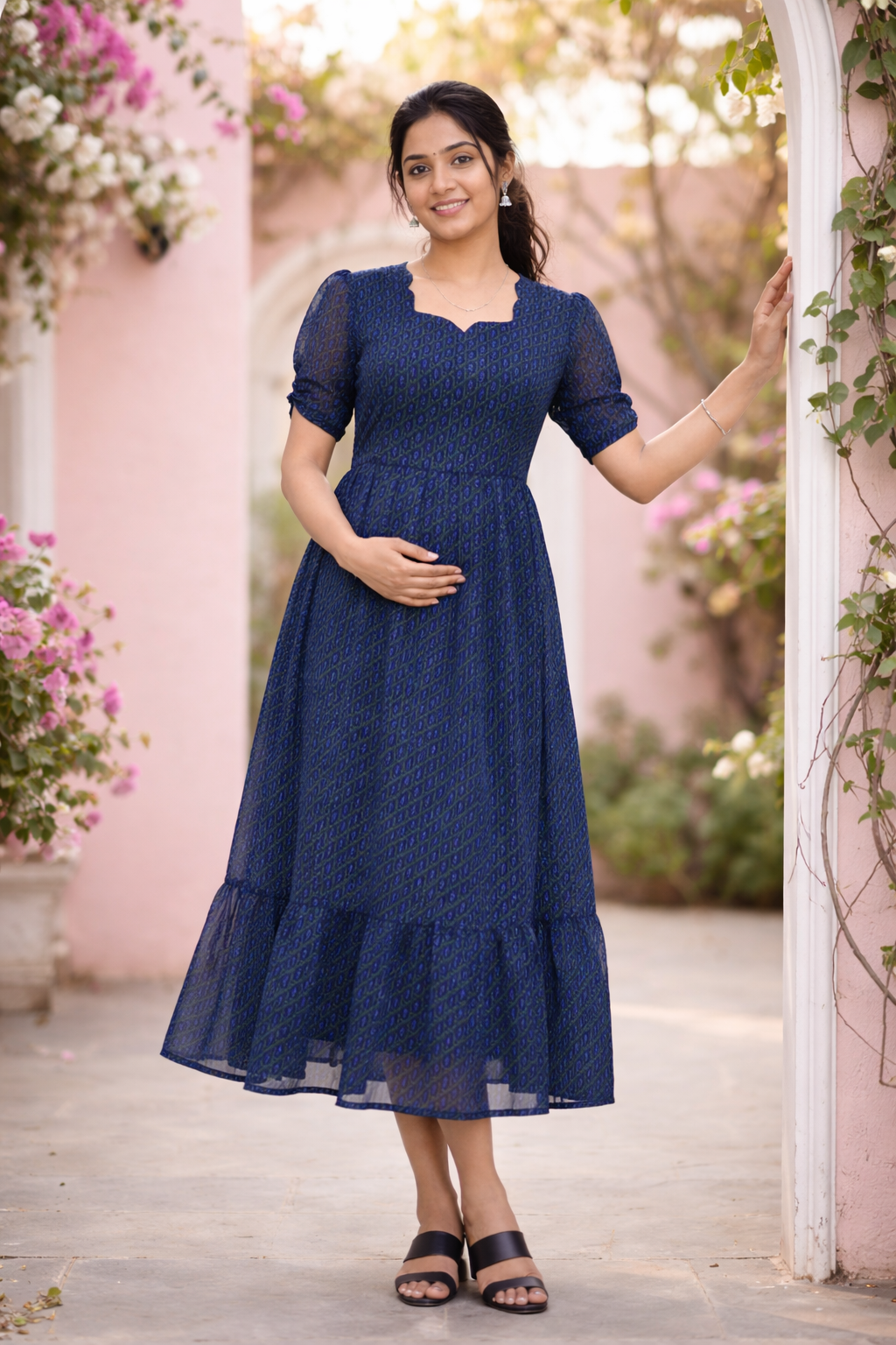 Navy Blue Printed Georgette Maternity Dress with Invisible Feeding Zip
