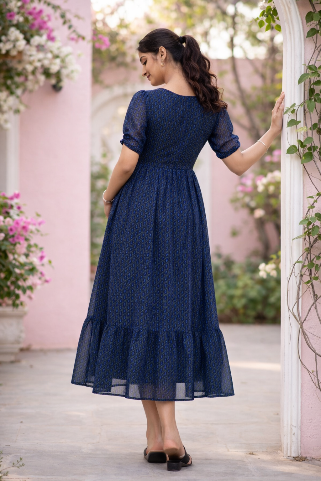 Navy Blue Printed Georgette Maternity Dress with Invisible Feeding Zip