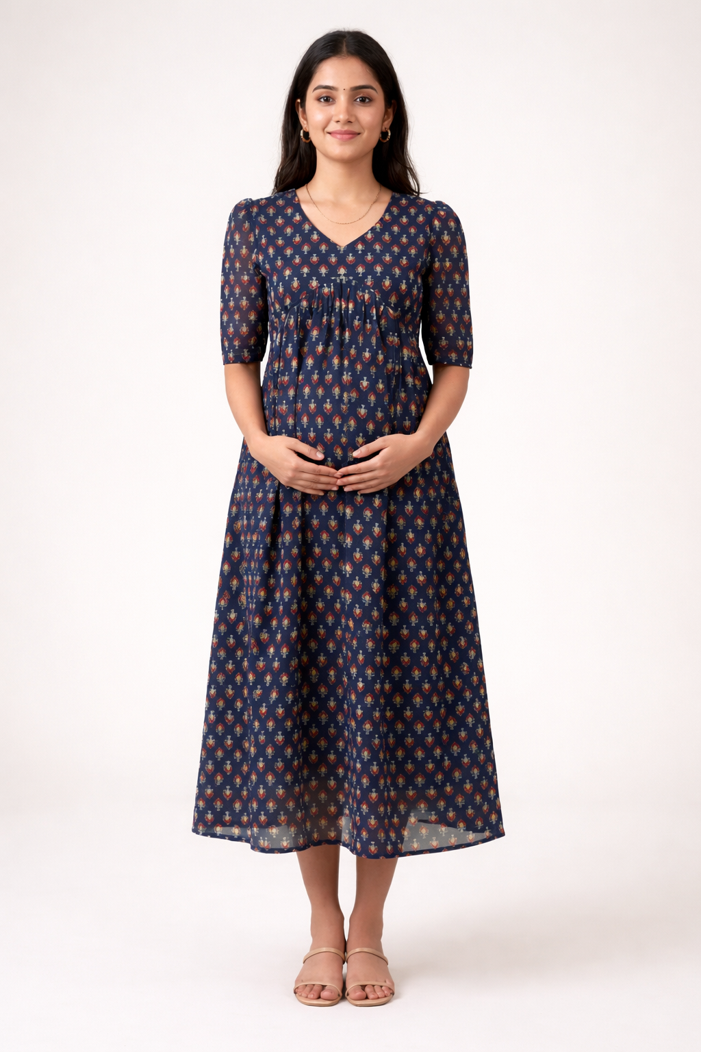 Navy Blue Printed Georgette Maternity Kurti with Concealed Feeding Zip
