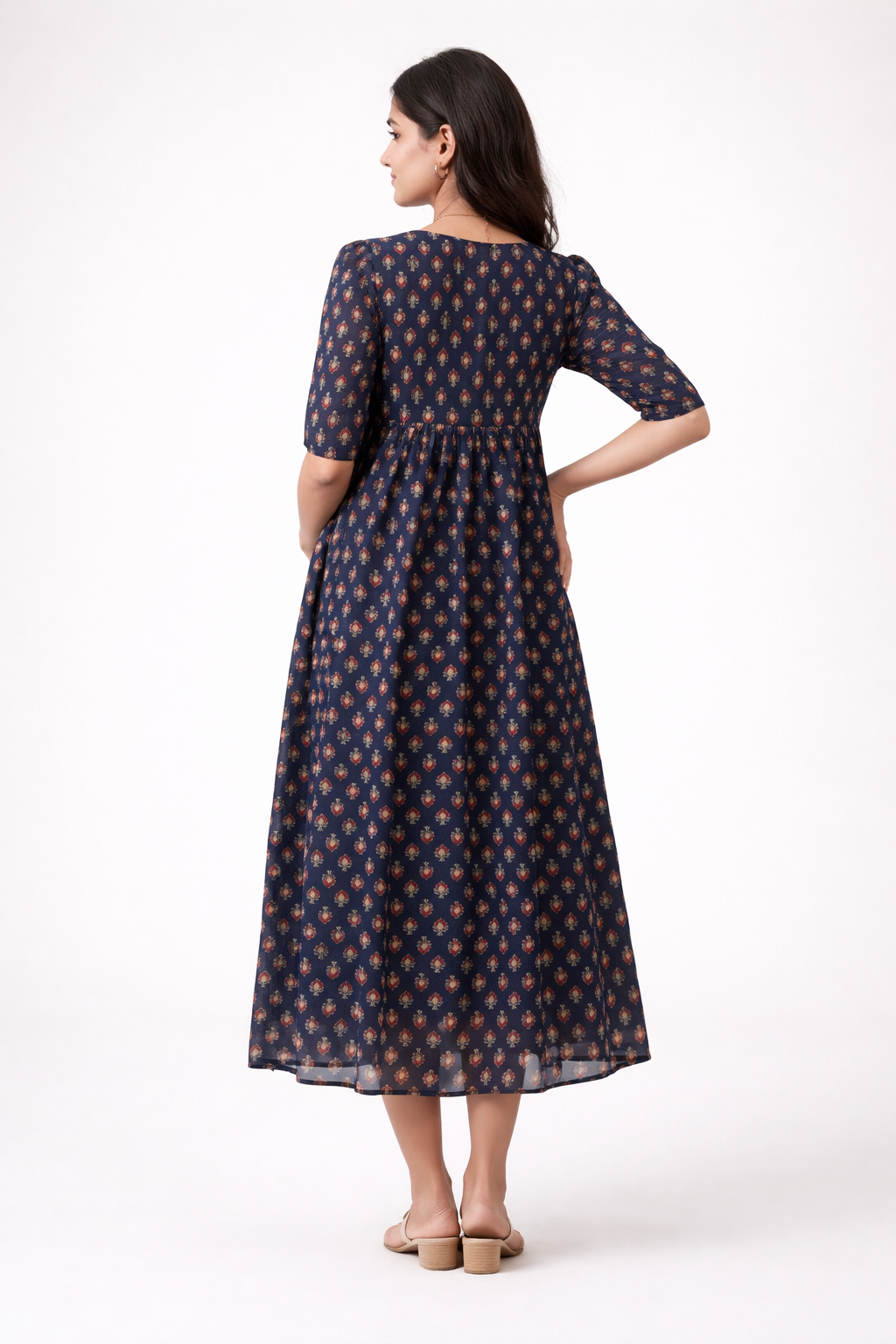 Navy Blue Printed Georgette Maternity Kurti with Concealed Feeding Zip